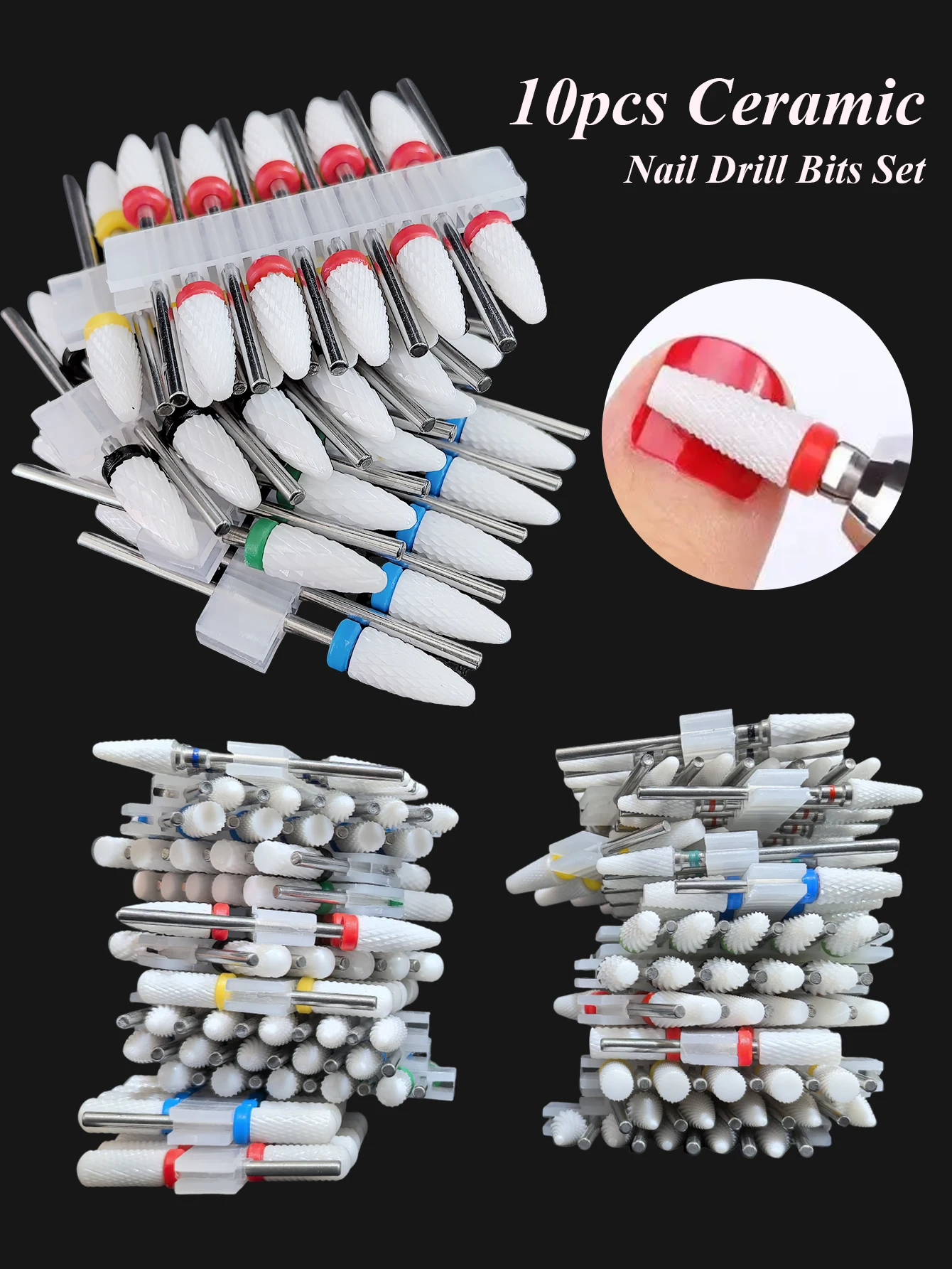 10pcs Ceramic Nail Drill Bits Set, Electric Manicure & Pedicure Milling Cutter, For Nail Polishing Machine