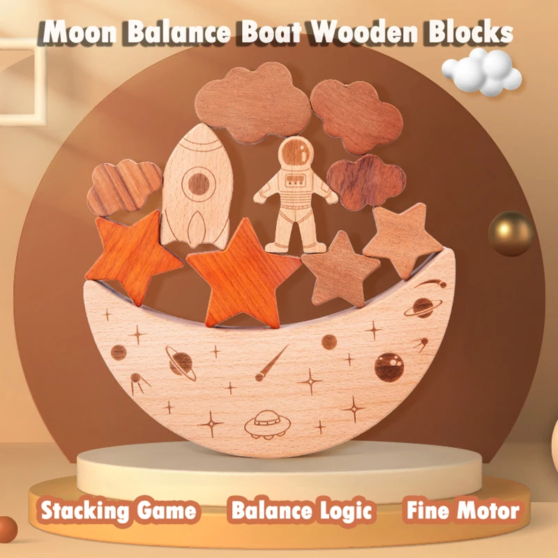 Wooden Montessori Toys Stars Moon Balance Blocks Board Games 3d Celestial Star Cognition Educational Toys Wooden Stacking Blocks