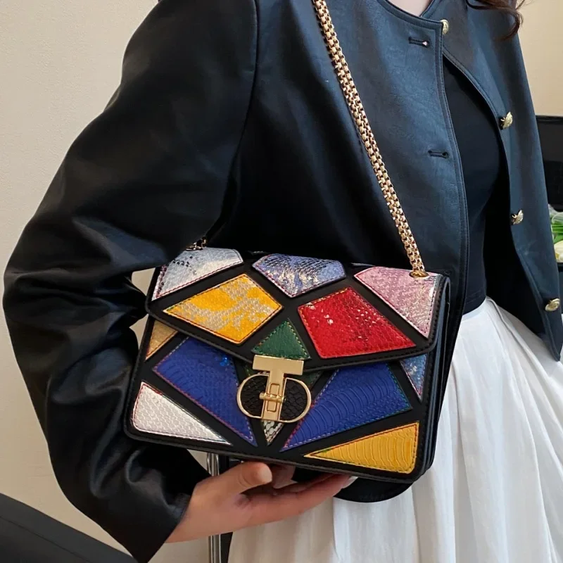 

2025 New Fashion Light Luxury Women's Bag - Crocodile Texture Small Square, High-End Splicing,Versatile Chain Shoulder Messenger