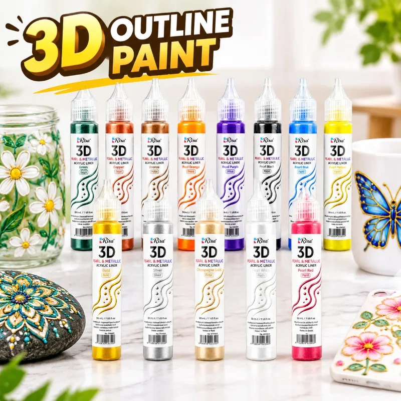 30ml Pearlescent Metallic 3D Acrylic Outline Paint, Water-Based DIY Hand Painting Pigment for Glass, Ceramic, Stone Craft Decor