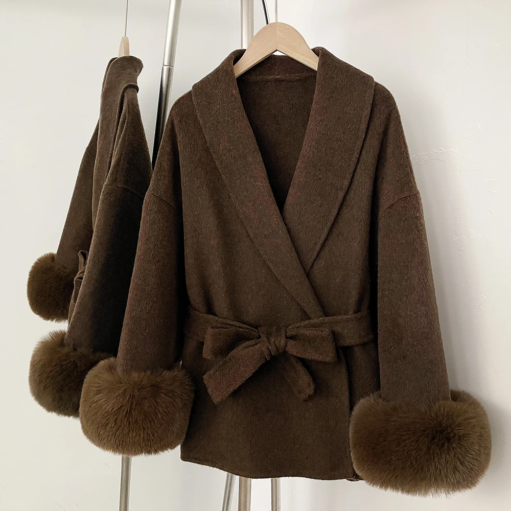 Pelzmantel Umweltfreundliche Frauen Mantel Gefälschte Fuchs Pelz Wolle Mantel Patchwork Woolen Mantel Faux Pelz Frauen Wolle Jacke Herbst frühling