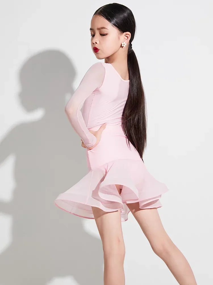 Sukienka do tańca latynoamerykańskiego dla dziewcząt, frędzle, ubrania do tańca latynoamerykańskiego, strój konkursowy dla dzieci, kostium do salsy, różowy top i spódnica, sukienki do tańca towarzyskiego i tanga dla dzieci.