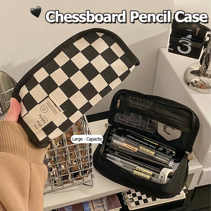 Checkerboard Large Capacity Pen Bag Big Kawaii Pencil Case Korean Stationery Cute Pencil Pouch School Supplies for Students