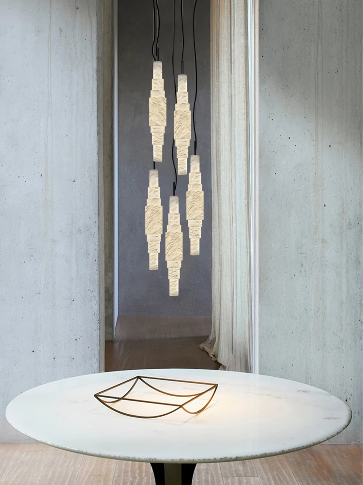 2025 Luxury Natural Marble LED Pendant - Alabaster Suspension Light for Dining Room, Modern Dimmable Chandelier