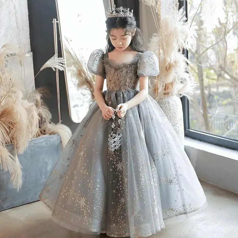 Princess Tulle Dress for Girls Puffy Sleeve Birthday Party Ball Gown Teenage Glitter Beads School Graduation Pageant Dresses