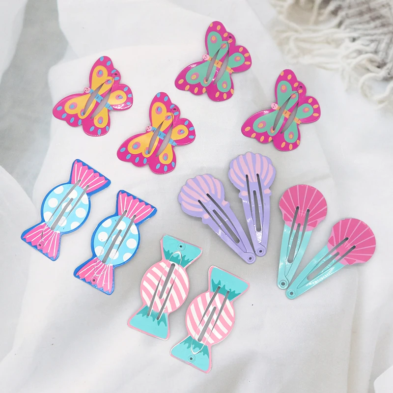 12 sztuk/zestaw Cute Cartoon zwierząt owoce Snap spinka do włosów dla dziewczynek damskie akcesoria do włosów słodka tęcza motyl spinki do włosów spinki do włosów