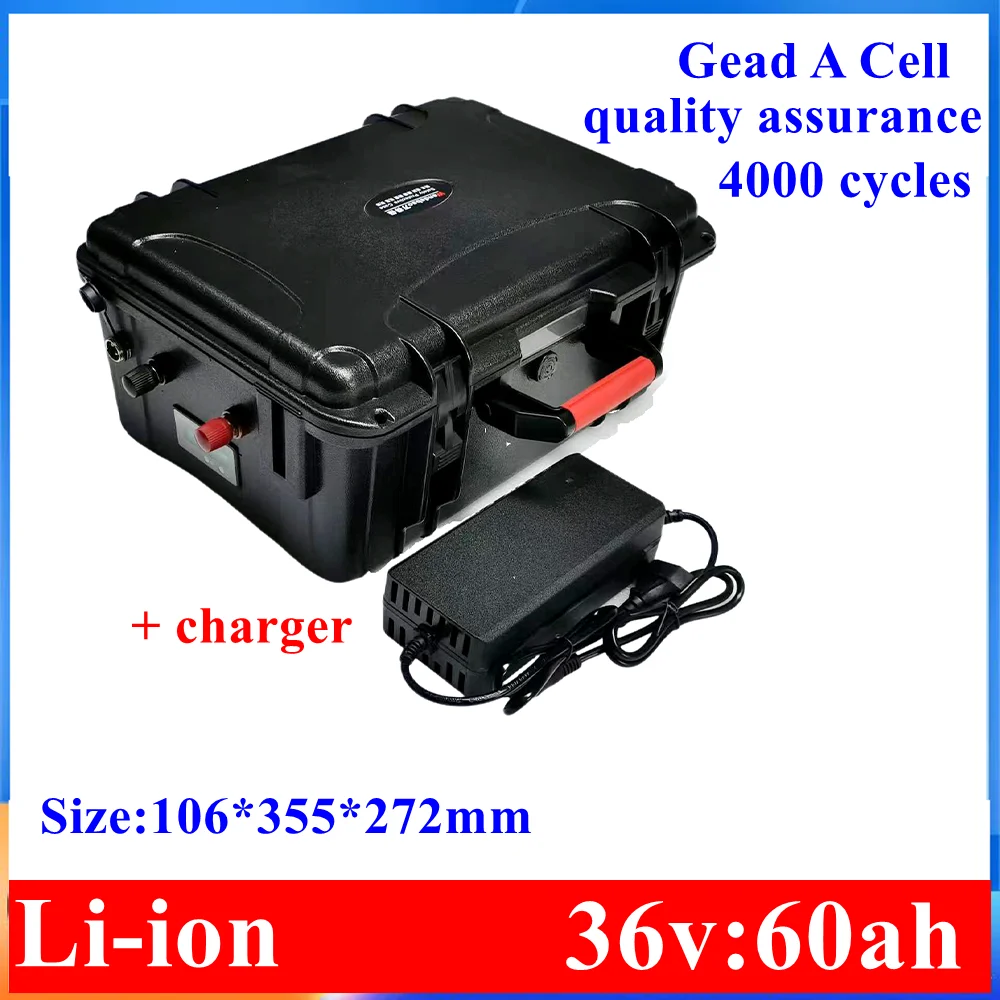 waterproof 36v 60ah lithium ion battery BMS li ion for 2000w 1500w Bike scooter boat EV Tricycle inverter +5A charger