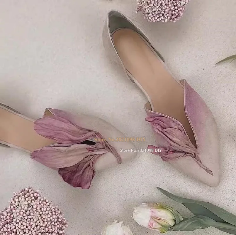 Blue Pink Flower Petal Decor Ballet Flats Slip On Flat Shoes Women Pointed Toe Corsage Ladies Casual Shoes