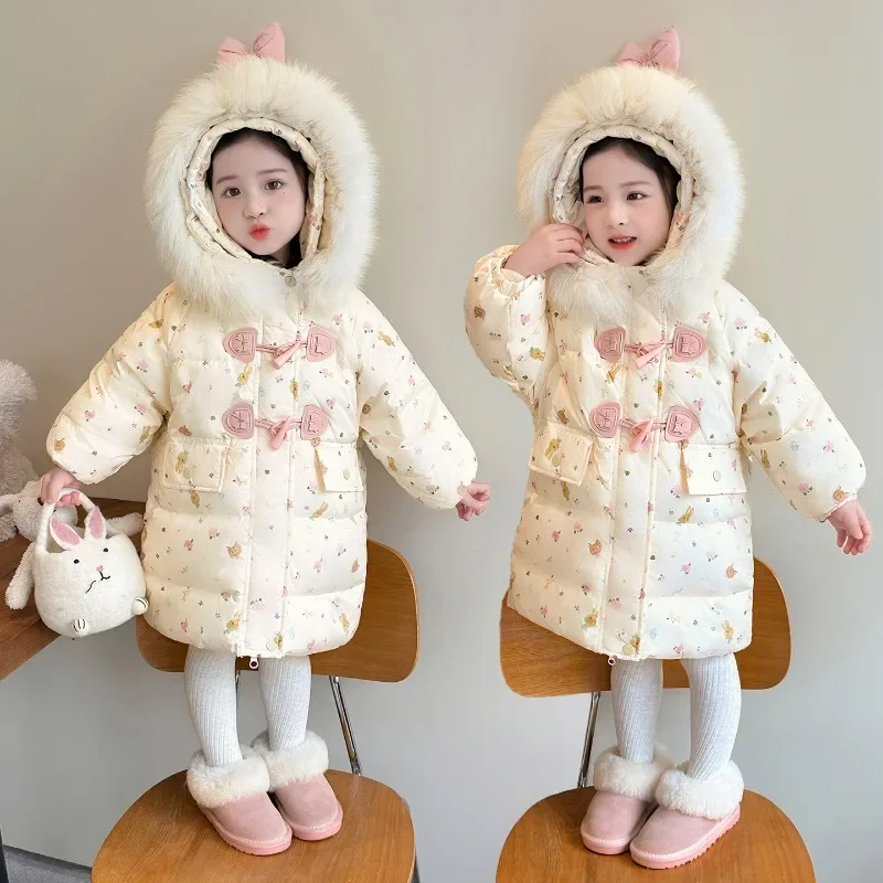 Girls Down Jacket Winter Cartoon Print Bow Hooded Coat 90% Duck Down Thick Warm Puffer Coat Baby Children Outerwear New