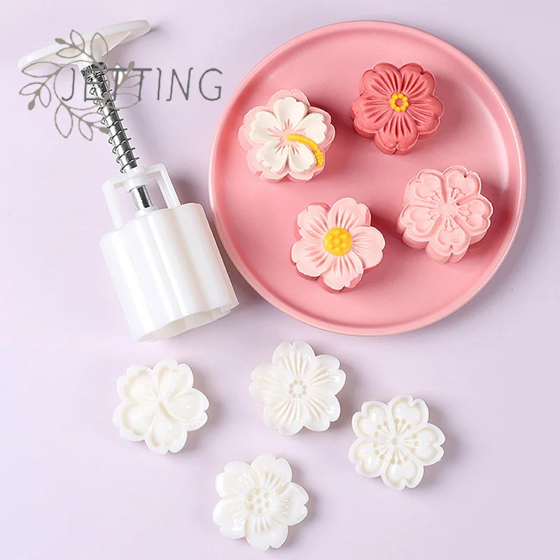 Hot 4Pc/Set DIY Mid-Autumn Festiva Cherry Blossom Mooncake Mold Flowers Sakura Pattern Stamp Hand Press Mold Plunger Pastry Tool