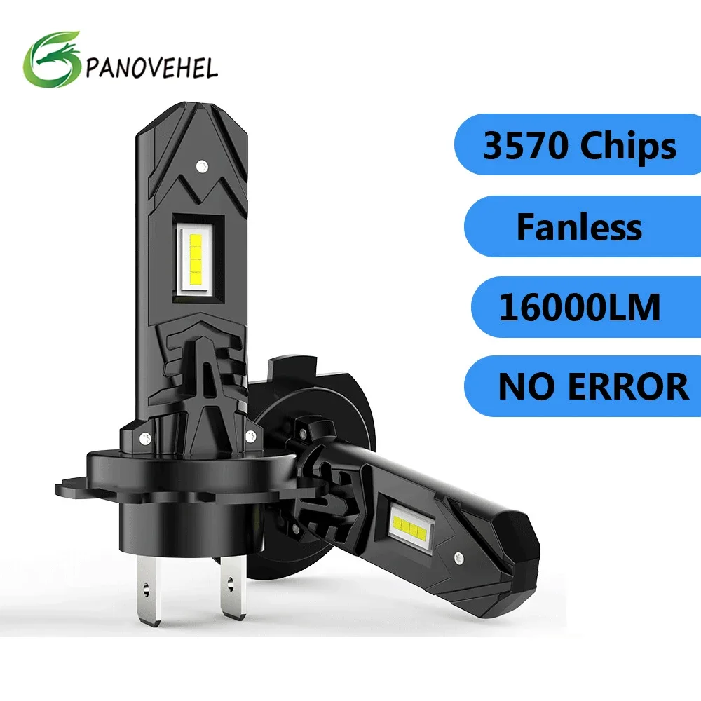 PANOVEHEL 16000LM 6500K H7 LED Headlight Bulb White Fanless Wireless Car Head Lamp Light LED 360 H7 Mini Bulbs H7 CSP Chip 12V