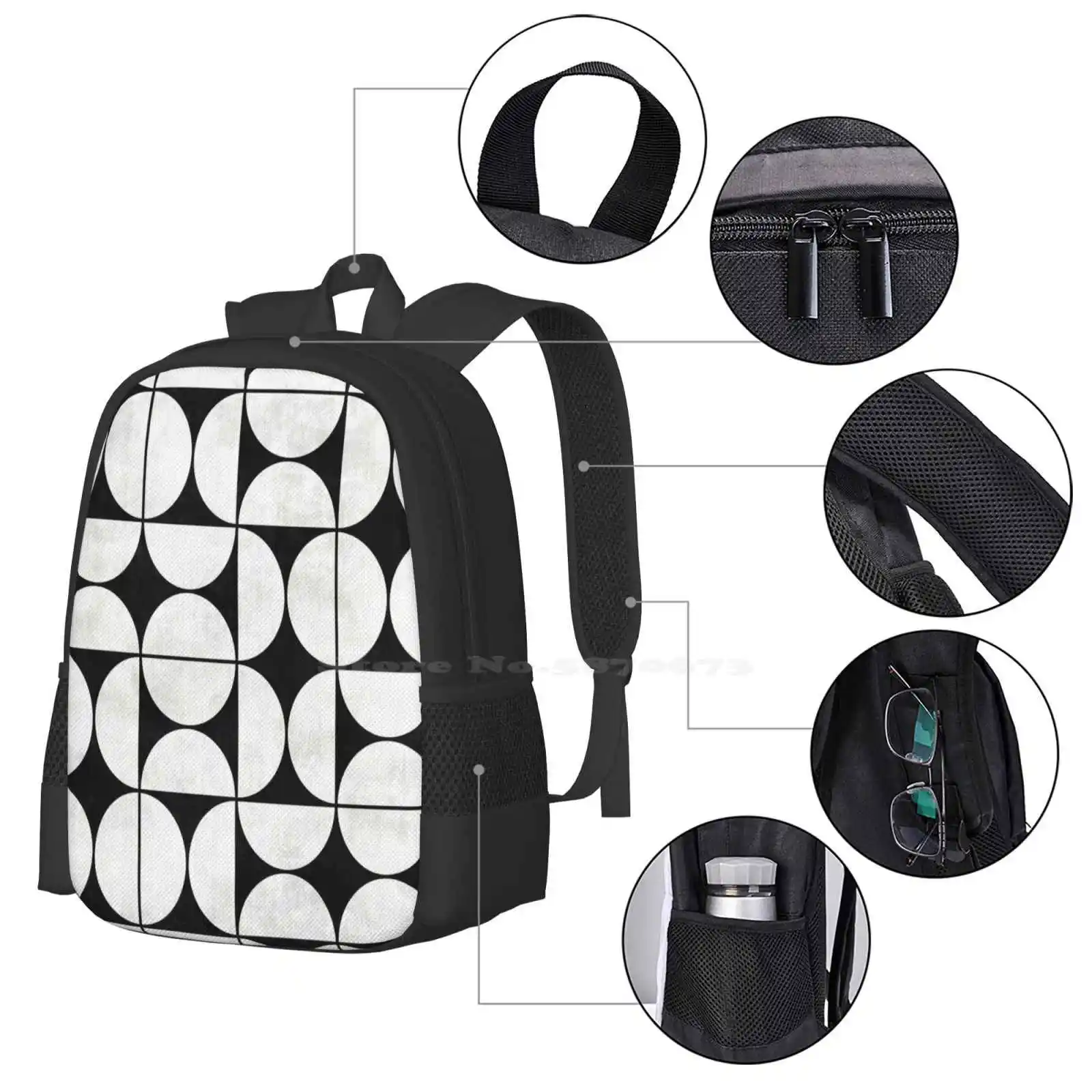 Mochila de estudante de faculdade, Padrão Design Sacos, Preto e Branco, Modernos, Teen, Concreto, Mid-Century, Metade, Metade