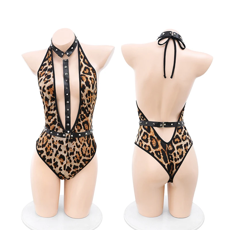 

Leopard Print Open Crotch Jumpsuit Sexy Lingerie Hot Wild Charming Cat Cosplay Deep V Bodysuit Porno Costumes For Women Set