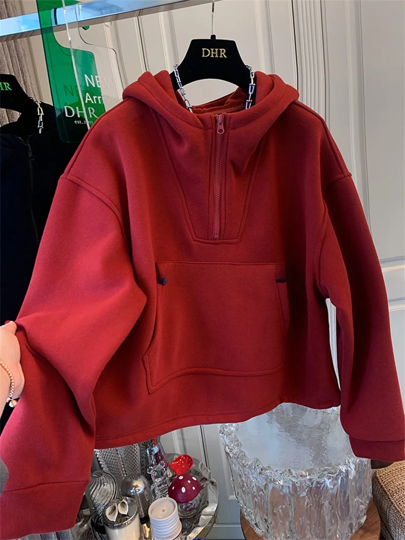 

Red Fleece Lined Hooded Jacket Women's Loose Comfortable Style Zipper Closure Casual Inner Wear Korean Style Spring Coat