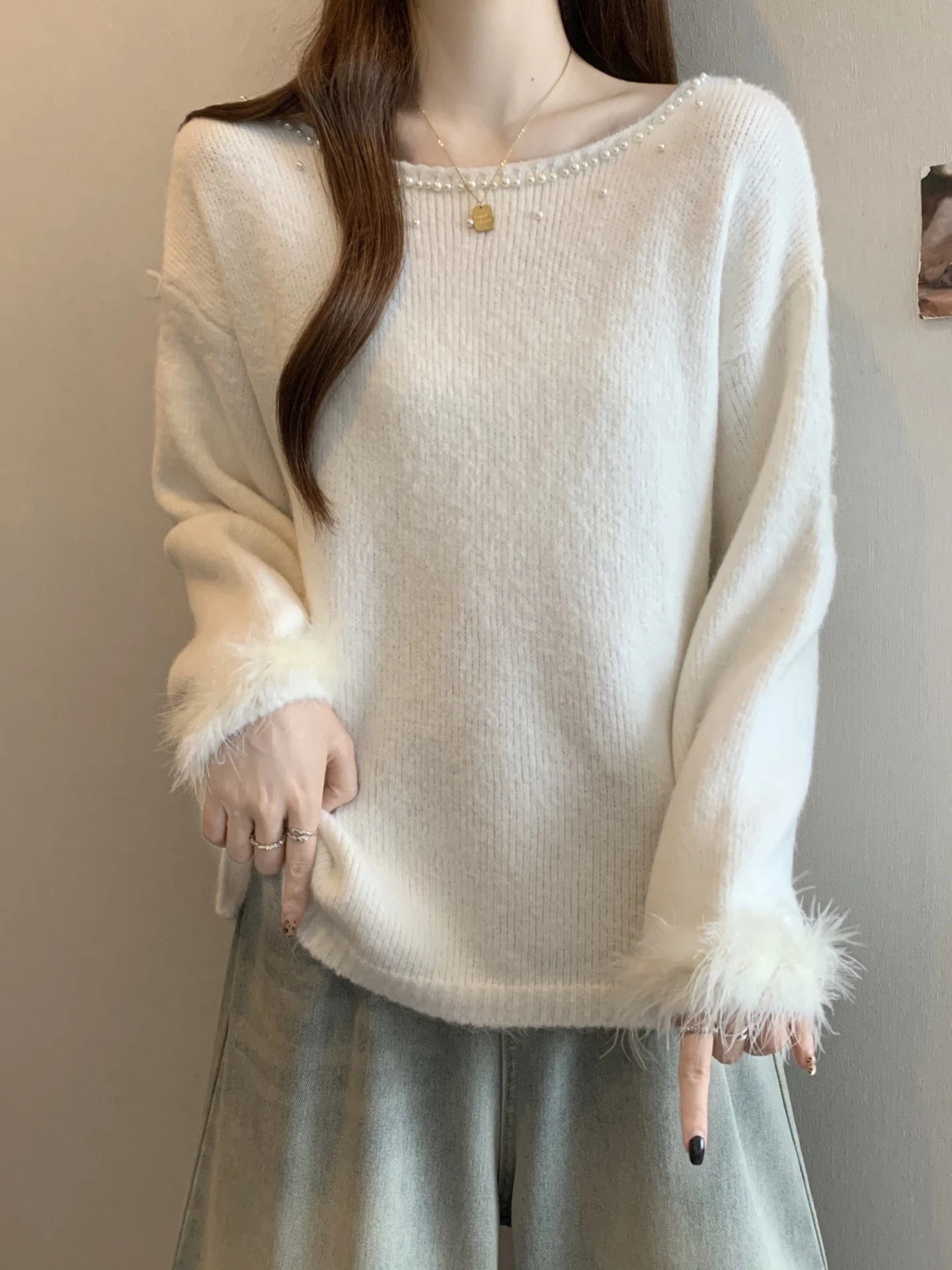 

Women's Knitted Patchwork Base Shirt Spring Autumn plus Size Heavy Bead Embellished Slimming Belly Covering Knitwear