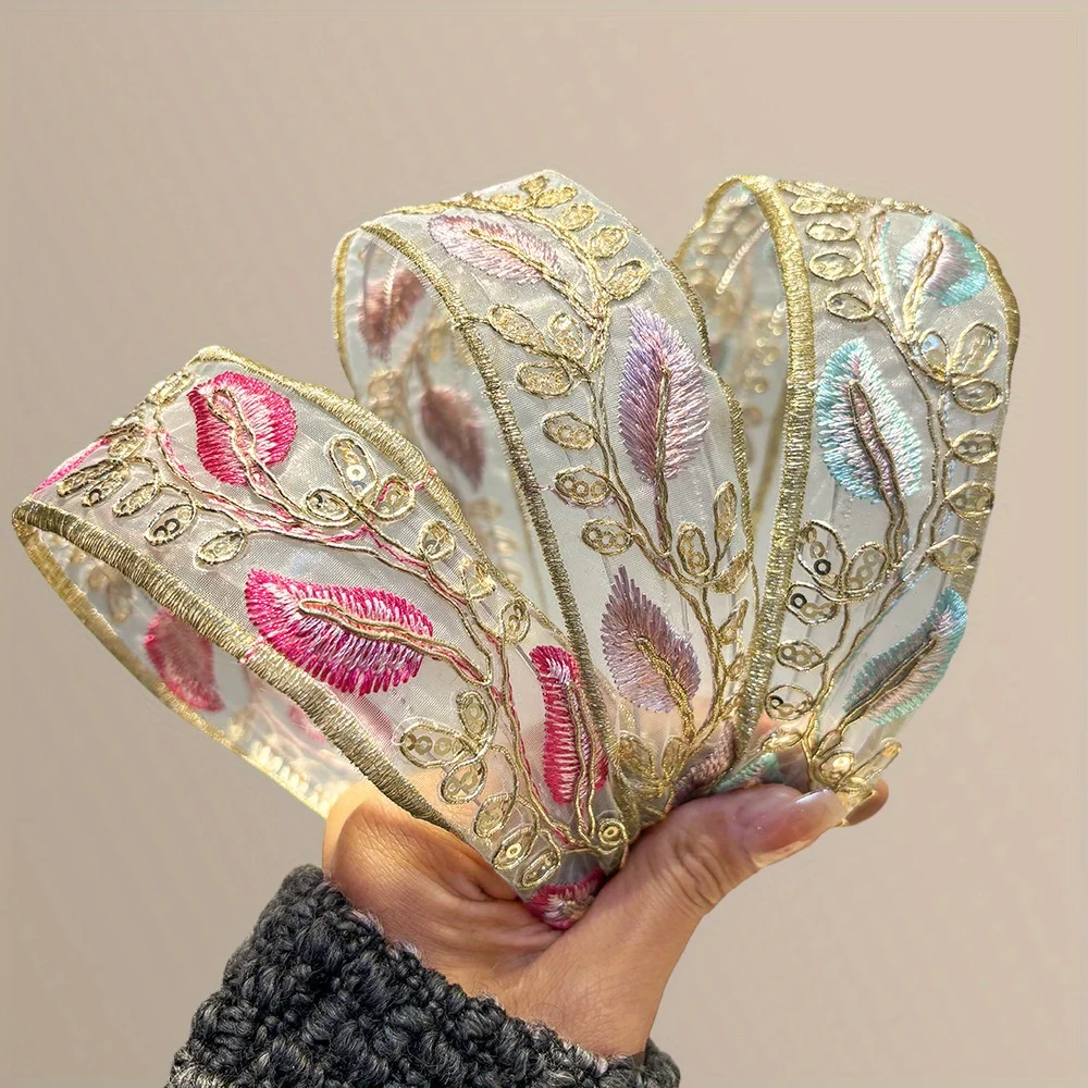 

Embroidered Floral Headband Lace Chiffon Headscarf Elegant Bohemian Style Head Wrap for Women Fashion Hair Accessories