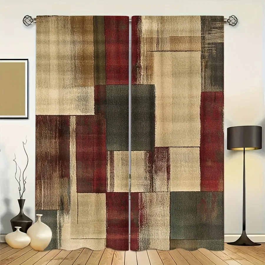 2PCS Digital Print Curtains, Retro Color Block Geometric, Mid Century Modern Living Room Decor Abstract Art Style Bedroom Drapes