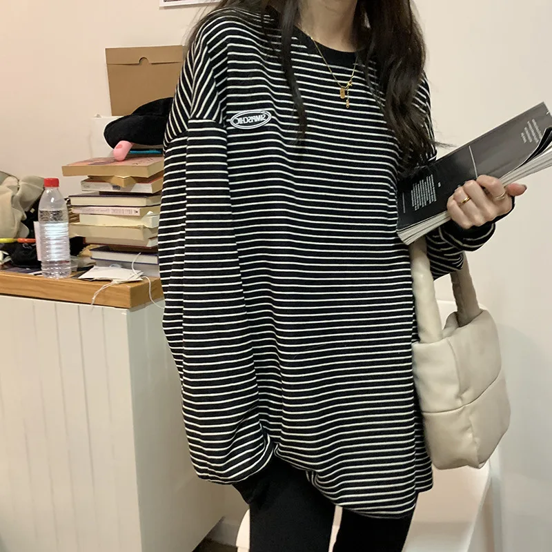 Spring Autumn Striped Sweatshirts Kpop Korean Fashion Clothes for Women Y2k Grunge Streetwear Long Sleeve Black Tops Ropa Mujer