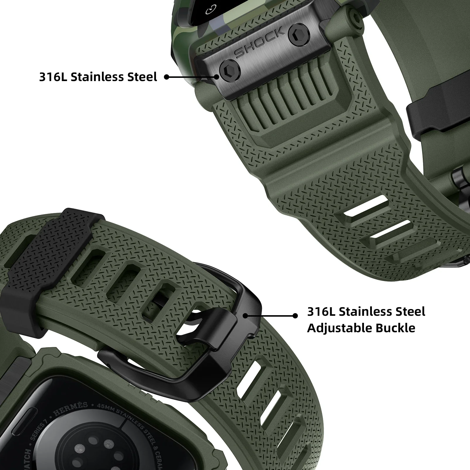 Army Camouflage Sport Case for Apple Watch Band 45mm 42 44mm Waterproof Drop-Resistant Integrated Strap for Iwatch 9 8 7 SE 6 5