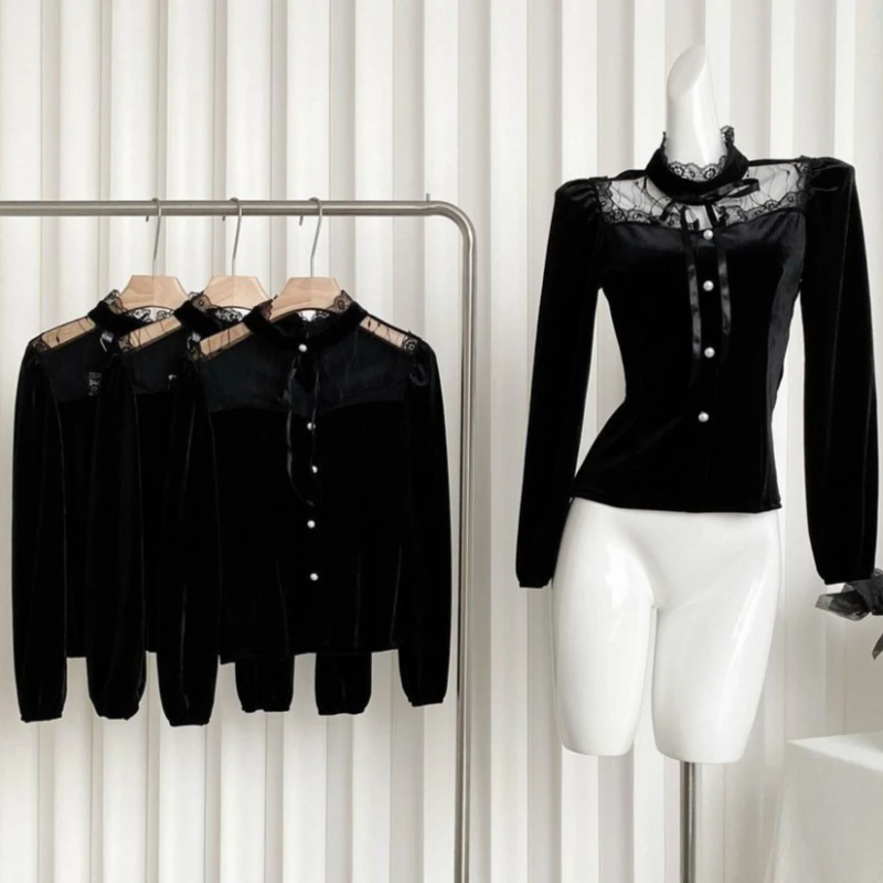 

Velvet Lace Splice Base irt Women's Autumn Winter New Early Spring Thiened irt Layering Inner Wear Top TT567