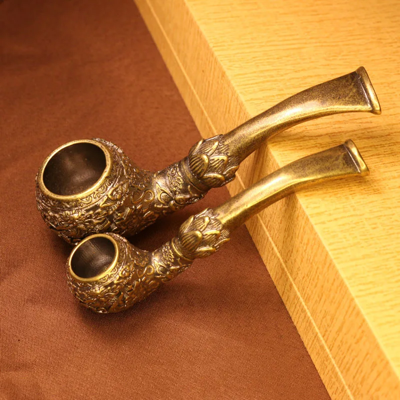 Antique Reproduction Copper Brass Flower Fish Pipe Metal Brass Carving Smoking Set Crafts Collection Ornaments