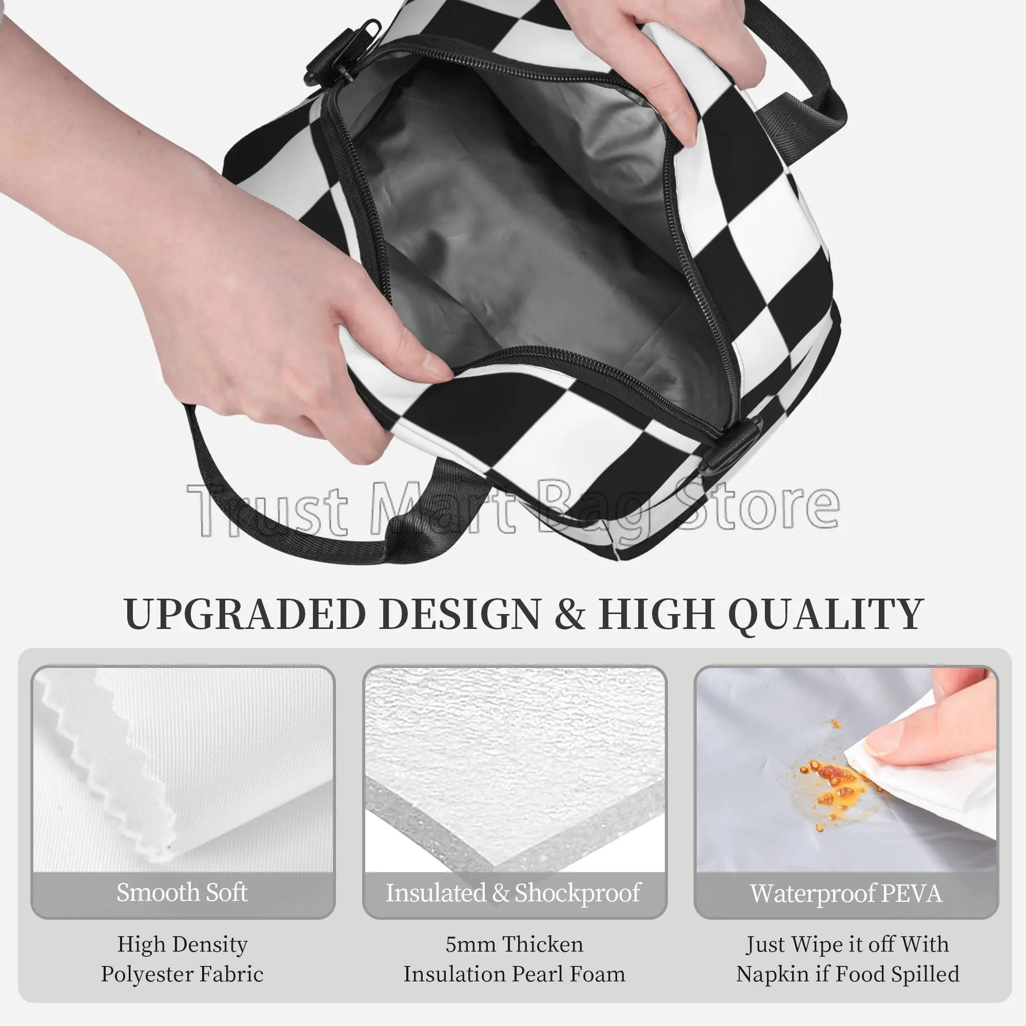 Black White Checkered Print Lunch Bag Checkerboard Reusable Insulated Tote Bag Lunch Container with Adjustable Shoulder Strap