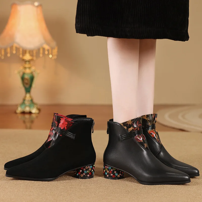 

Black Suede Ankle Boots with Embroider Floral Detail Fashionable Block Heel Boots with Decorative Heel Ethnic Inspired Footwear