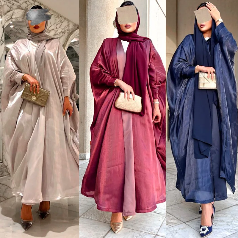 

Women Muslim Dress Kimono Khimar Hijab Arab Fashion Dubai Muslim Bright Silk Bat Sleeves Robe Middle East Abaya for Women