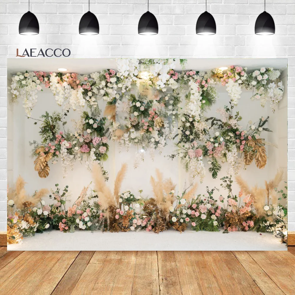 Laeacco Wedding Backdrop White Flower Wall Floral Marriage Ceremony Bridal Shower Mother's Day Portrait Photography Background