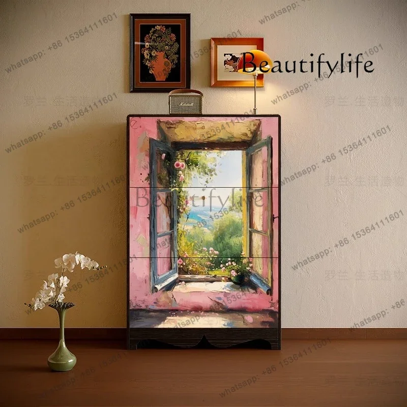 

French Flower Solid Wood Tipping Bucket Cabinet, Living Room Storage Aisle, Wall Storage Cabinet