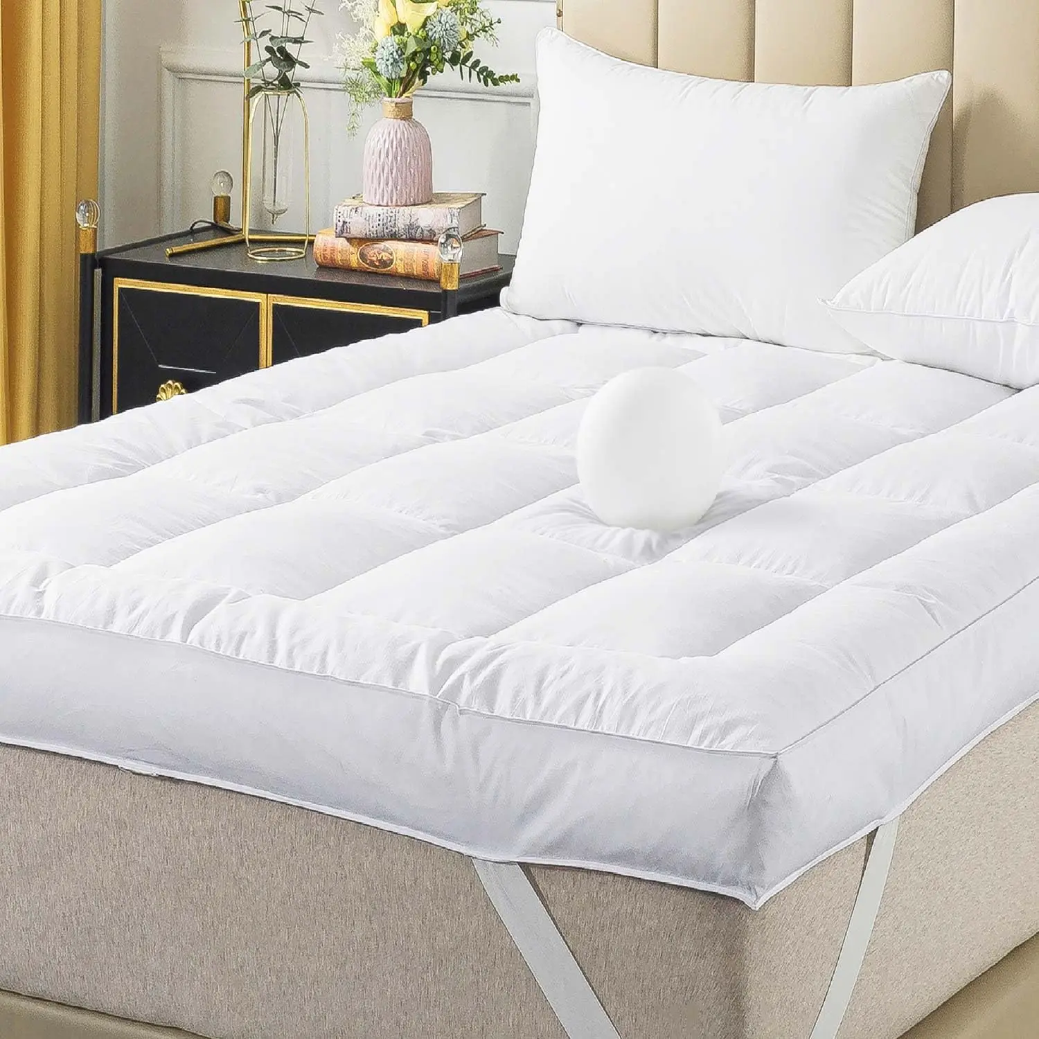 5 Inch Duck Feather Bed King Size, 100% Cotton Extra Thick Mattress Topper, Overfilled Pillow Top, Hotel Co