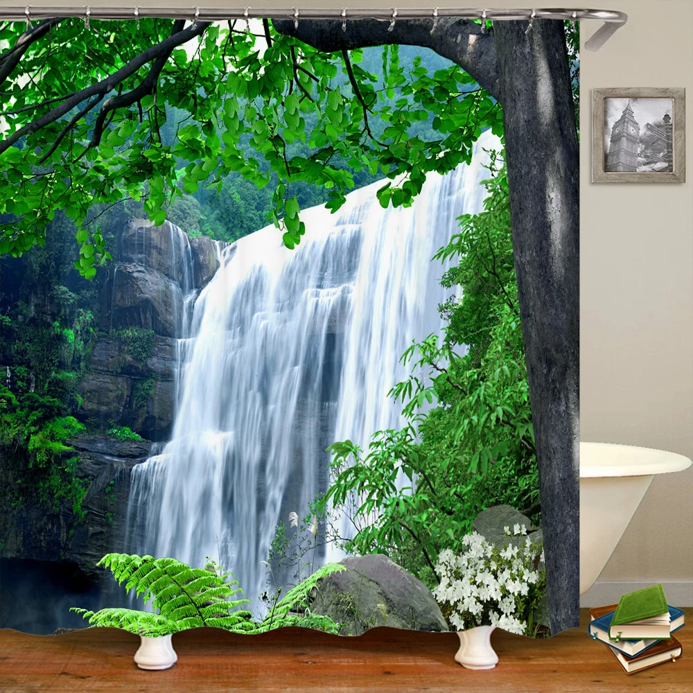 3D Natural Landscape waterfall Forest Printed Bathroom Shower Curtain Polyester Waterproof Curtain with Hook Home Decor Curtain