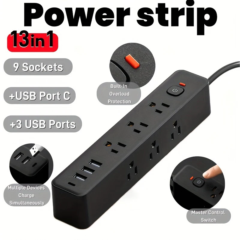 Power Strip With USB Multi Plug US Socket Outlet Extender 9AC Outlets 3 USB A 1 USB C Ports Wall Plug Extender for Home Office