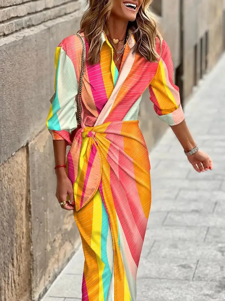 Vestido de camisa con estampado de moda para mujer, cuello vuelto, ceñido al cuerpo, Midi, temperamento de viaje, elegante, Delgado