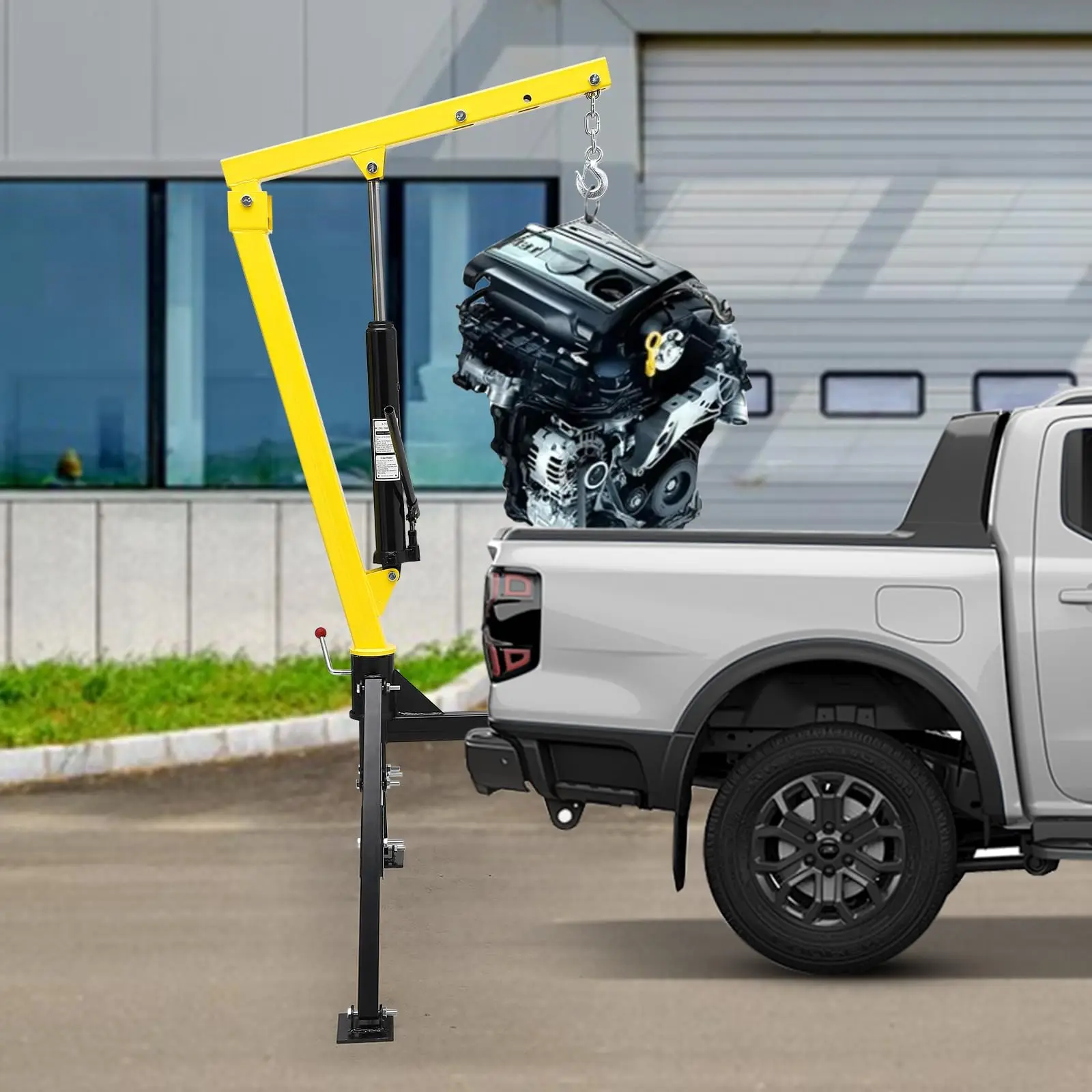Hydraulic Pickup Truck Crane – 1000 lbs Max Load, 360° Swivel Hitch-Mount Boom, 3500 lbs Electric Winch, 3-Stage Adjustable Lift (500/750/1000 lbs), Folding Steel Jib for Construction, Workshop, Factory, Farm