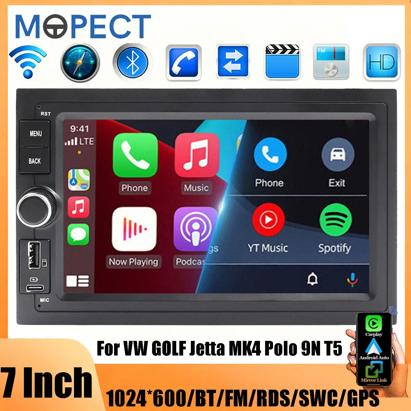 Autoradio MOPECT 7 pollici 2DIN con Carplay wireless e Android Auto 4+64G per VW Golf Jetta MK4 Polo 9N Passat B5 T5 T4 Lettore multimediale MP5 Mirror Link Stereo per auto Autoradio WiFi GPS NAVI BT