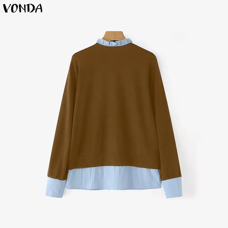 VONDA Elegant Office Blouse Women Fashion Shirts Color Patchwork Casual Tops Tunic Bandage Long Sleeve Street Blusas Femininas