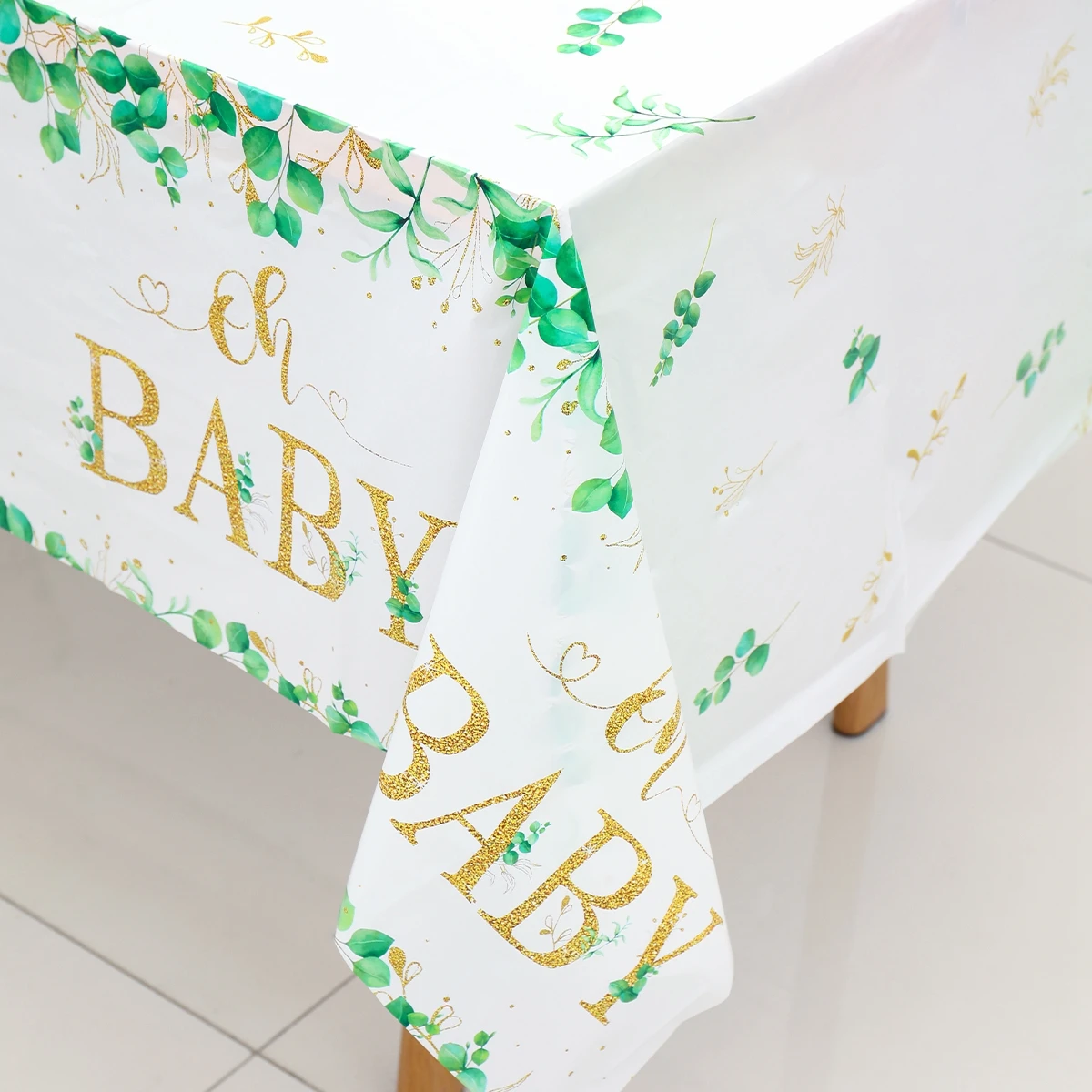 220x130cm Sage Green Tablecloth Oh Baby Disposable Plastic Rectangle Eucalyptus Leaf Table Cover Baby Shower Party Decorations