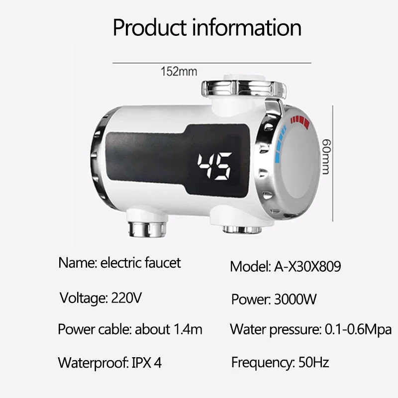 3000W Electric Water Heater Instant Heating Faucet Hot and Cold Double Outlet Electric Tap Temperature Display Kitchen Bathroom