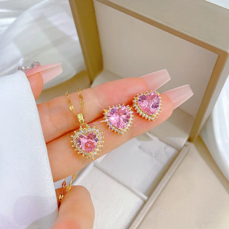 DIEYURO 316L Stainless Steel Pink Heart Crystal Pendant Necklace Earrings For Women Girl New Trendy Jewelry Set Gift Party