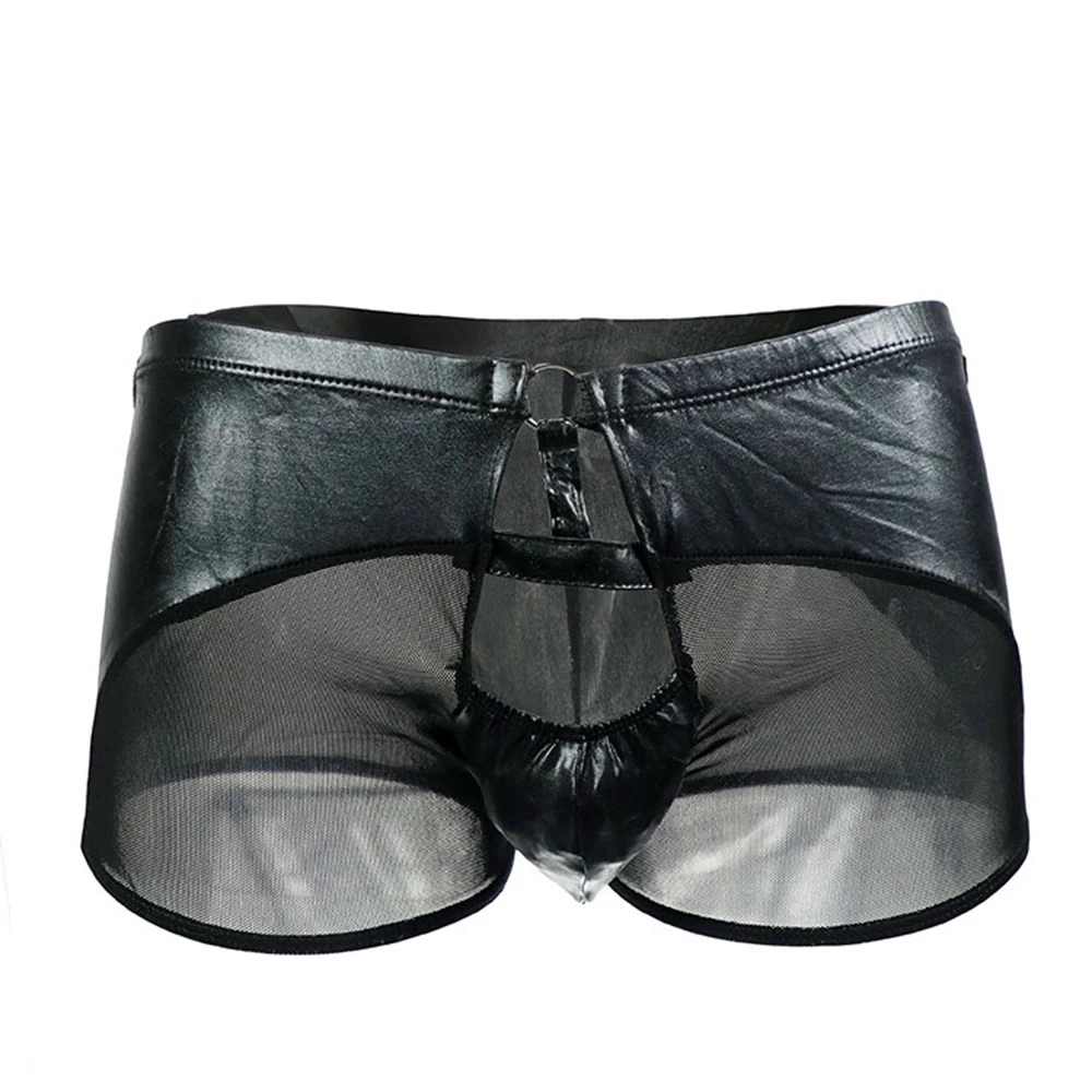 Front Open Hole Briefs Men Wet Look Faux Leather Underwear Mesh See-Through Trunks Shorts Underpants Men\'s Erotic Lingerie