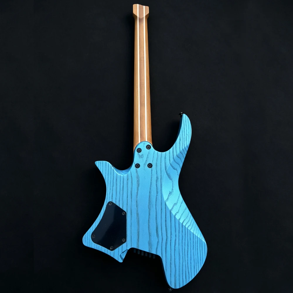 6 String Headless Electric Guitar Blue Burst Burl Maple Top Oblique Frets 5 Piece Roasted Maple Neck Stainless Steel Frets