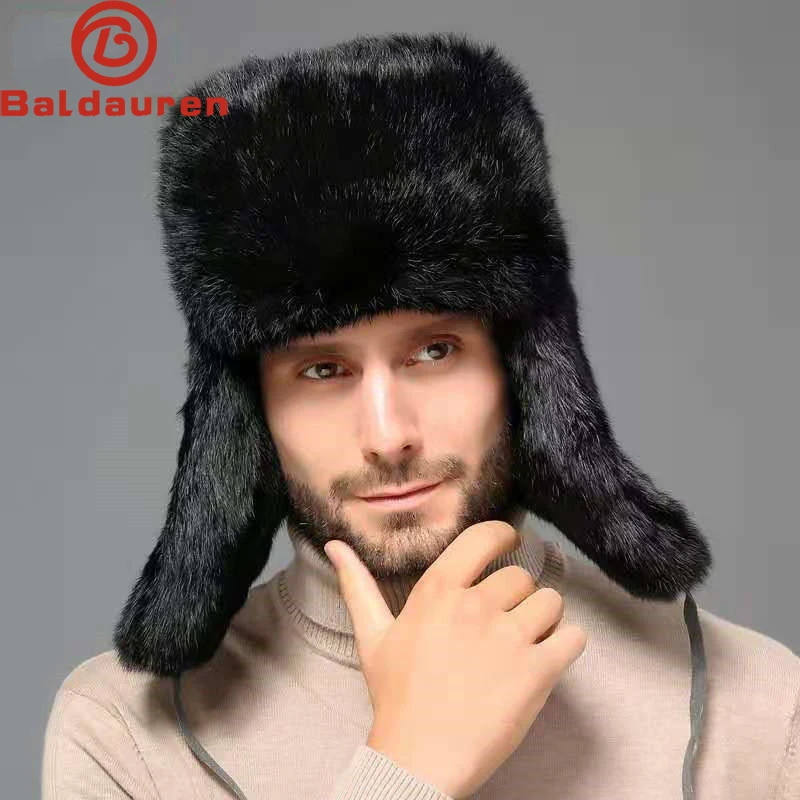 

Man Thick Warm Bomber Hat Men Real Rabbit Fur Earflap Trapper Russian Cap Male Plus Size Winter Hats for Men Ski Russian Hat