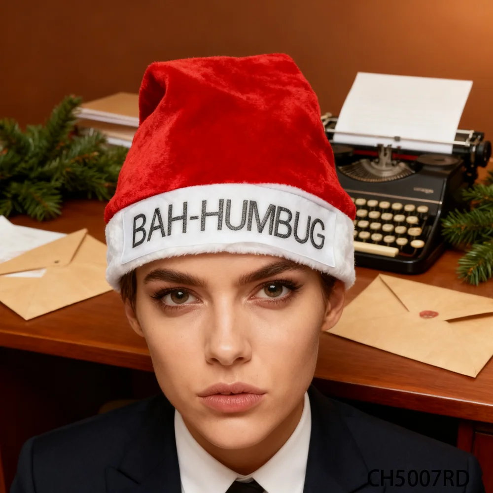 PESENAR Red Santa Hat with 'Bah-Humbug' Embroidery Design - Festive Christmas Holiday Accessory