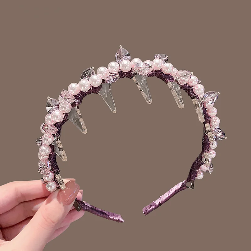 

Fairy Light Purple Pearl Headband Anti Slip Teeth Comb Hair Hoop Sweet Pressure Hairband Hair Accessories Women Hair Decorations