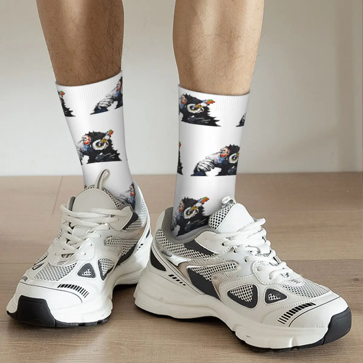 Banksy DJ Monkey Thinker With Headphones White Socks Harajuku Sweat Absorbing Stockings All Season Long Socks Birthday Present