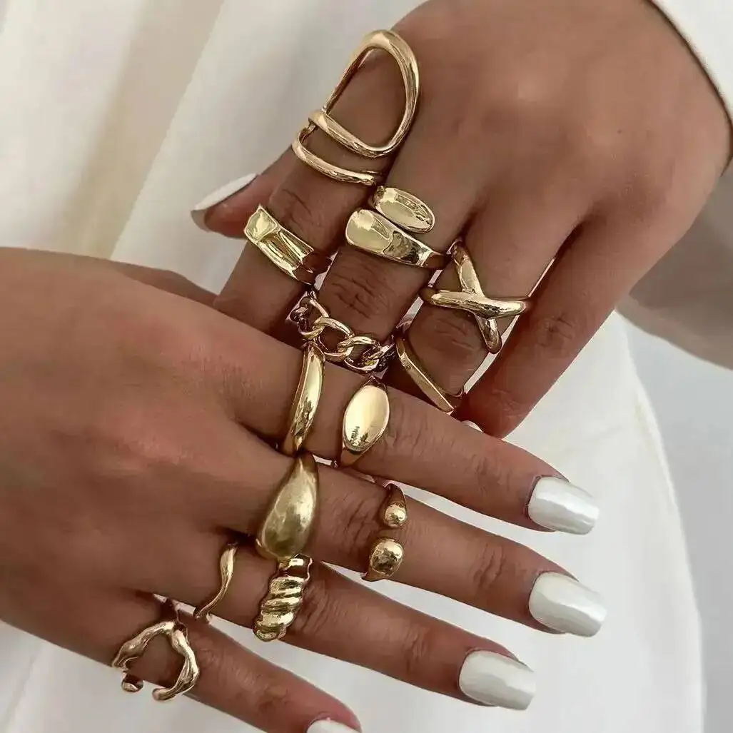 

KunJoe 13Pcs/Set Smooth Metal Geometric Open Ring for Women Simple Irregular Chain Hollow Out Adjustable Rings Set Party Jewelry