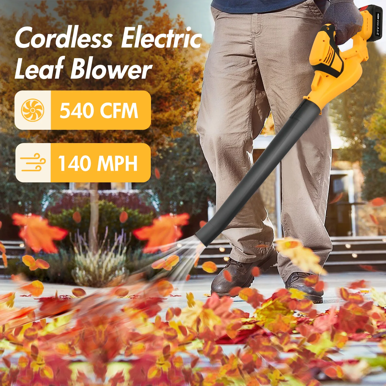 Cordless Electric Leaf Blower Lightweight 140 MPH 21V Blower Power Tools with 2x3.0Ah Battery Charger for Yard Sidewalk Cleaning