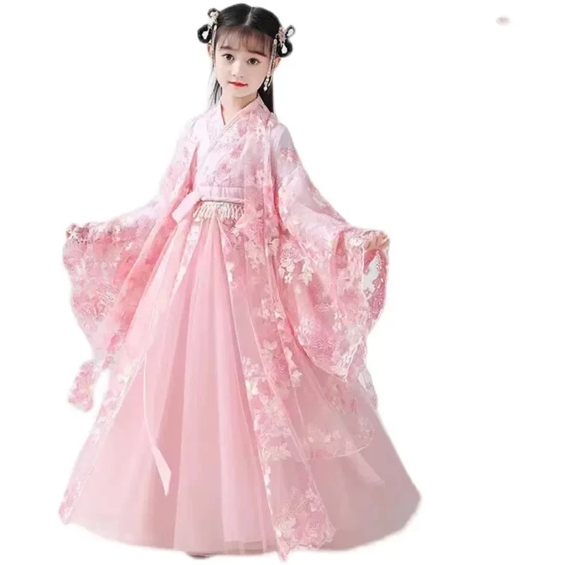 Chinese Traditional Folk Dance Dress Girls Pink Dance Fairy Costume Hanfu Girls Princess Dresses Set Kids Party  Clothing