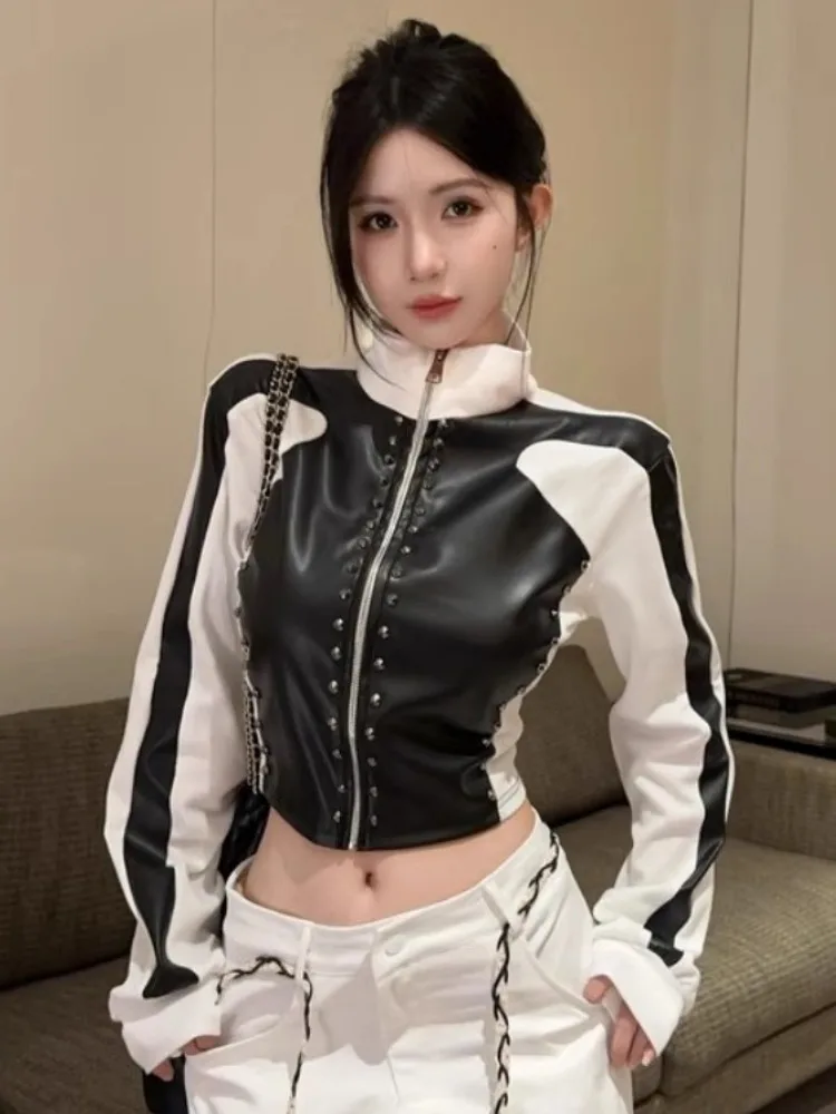 Women Crop Motorcycle Jacket 2025 Autumn Faux Leather Jacket Women's Stand Collar Ribbed Versatile Autumn Winter Cardigan